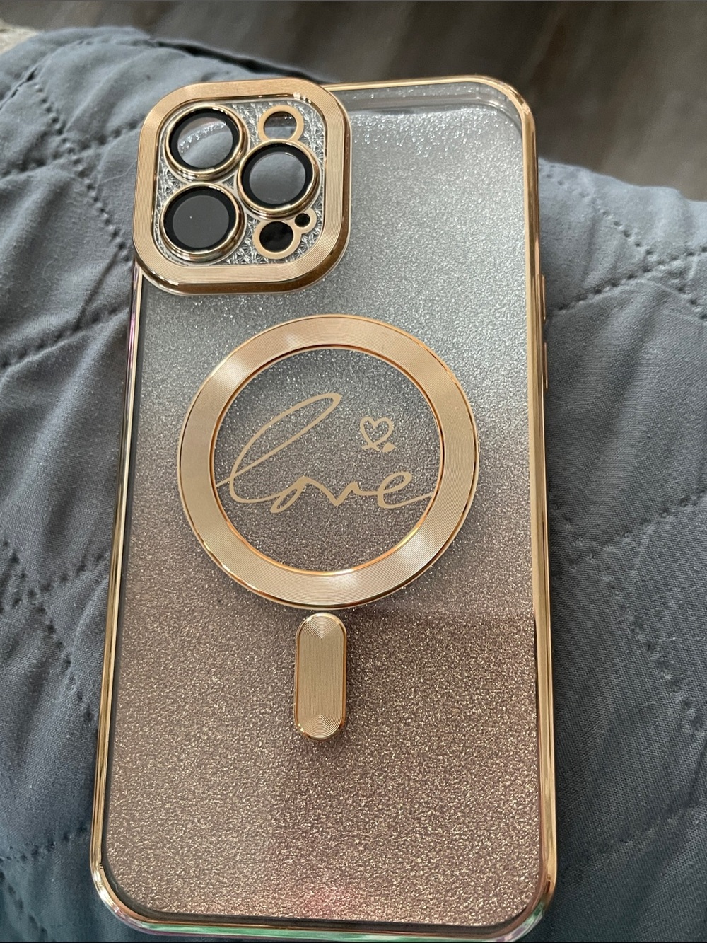Apple Gold Glitter Phone Case with Ring Grip 'Love' New No Tags